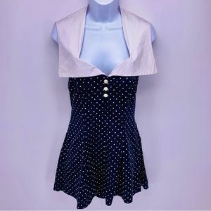 Hell Bunny Navy Polka Dot Sailor Romper with White Collar